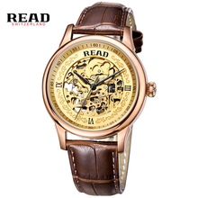2016 Read Brand Skeleton Hollow Fashion Mechanical Man Gift Clock Luxury Male Business Leather Wrist Military Sport Watch PR127