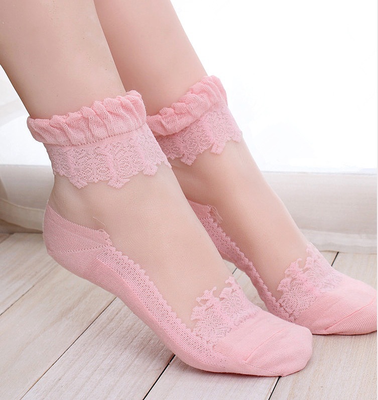Cute Transparent Women Socks Beautiful Ruffle Crystal Lace Elastic Short Colorful Ultrathin Summer Sox Floral Pattern Black Pink Gray White
