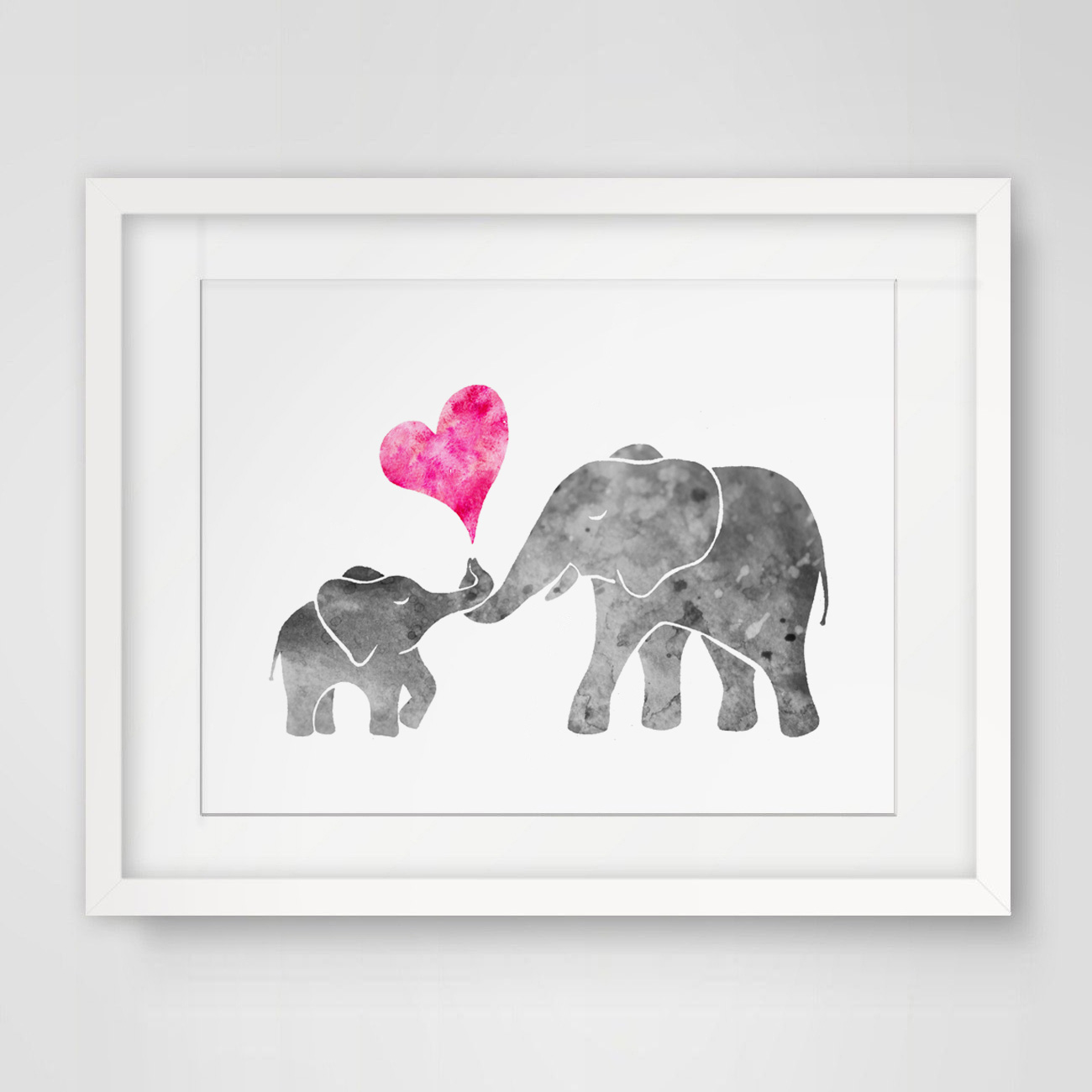 Watercolor Grey Baby Elephant with Mom Art Print Painting