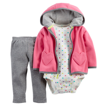 New Brand 2016 Baby Girl’s 3 Pieces Sets Fashion Style Regualr Full Sleeve Heart Hooded Coat+O-Neck One Piece Romper+ Pants