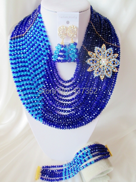 Royal Blue Crystal 15 layers Handmade African Beads Jewelry Set Nigerian Wedding Beads Bridal Jewelry Set Free Shipping CPS-3030