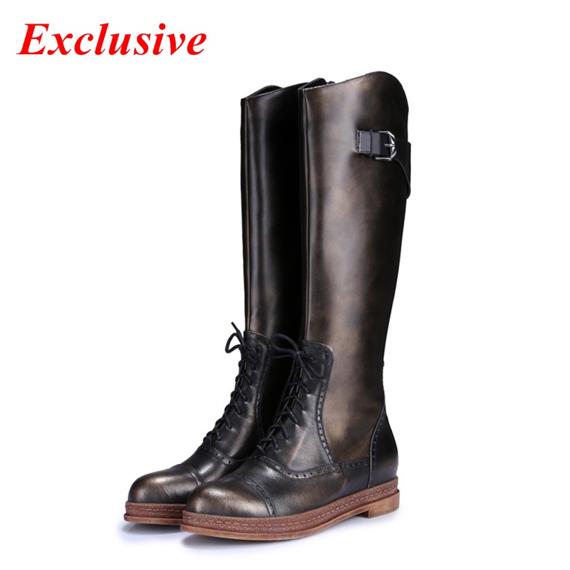 Boots Women 2015 New Round Toe Short Plush Knee-high Boots Women Boots Knight Real Leather Boots Buckle Women Tendon At The End