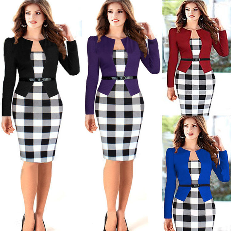 2015 Women Summer Elegant Belted font b Tartan b font Patchwork Tunic Work Business Casual Party