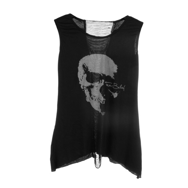 Новый женский Футболка Vintage Кисточкой Открыть Танк Поп Вернуться Череп Punk Синглетный Долго Tee T-Shirts/Sexy Lady топ