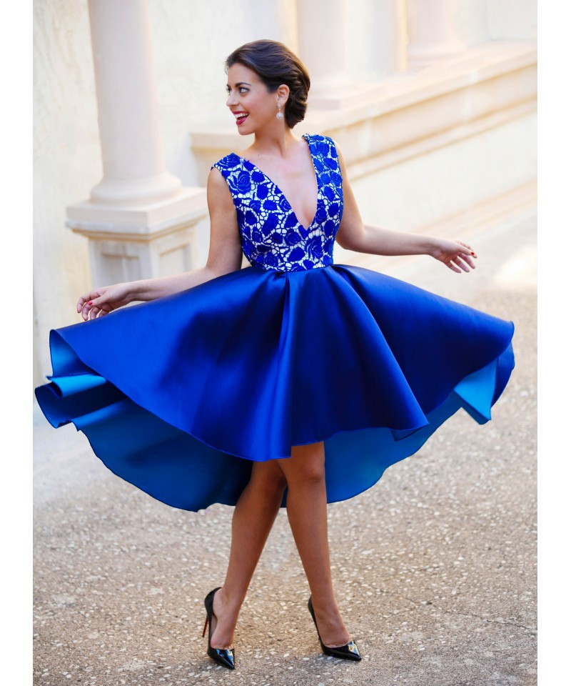 2016 Sexy Royal Blue Short Prom Dresses Plunging V neck Backless Satin