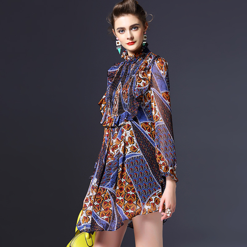 100% silk dress new 2016 spring long sleeve designers elegant runway brand vintage print women dress Q6190