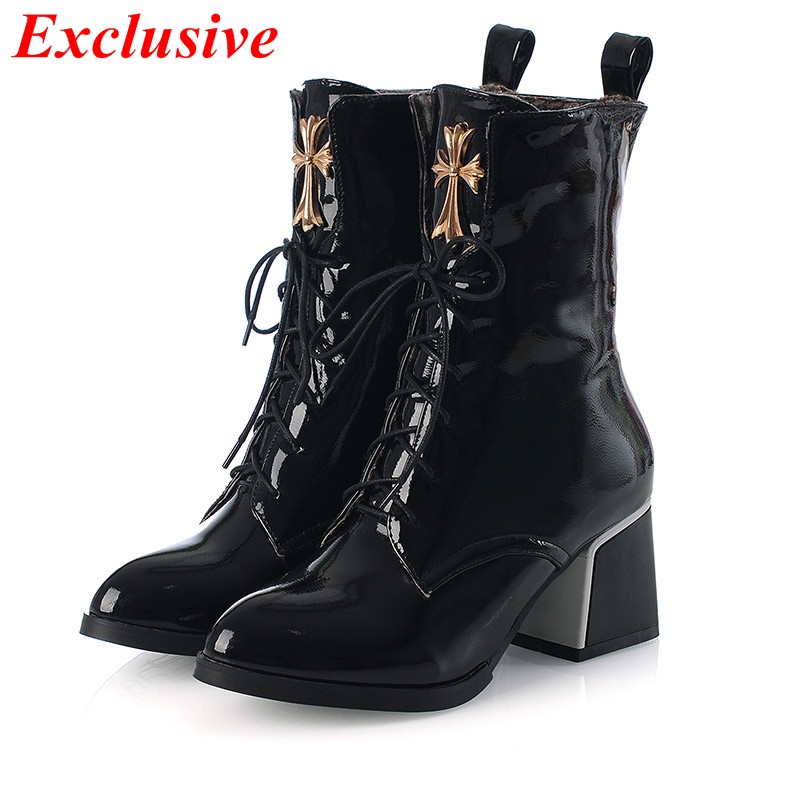 Lace-up Ankle Boots With Thick 2015 Woman Pointed Toe Boots Winter Short Plush Shoe Plus Size Lace-up Ankle Boots With Thick