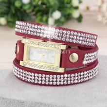 1pcs 2015 New Fashion Women s Vintage Square Dial Rhinestone Weave Wrap Multilayer Leather Bracelet Wrist