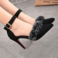 2015 Spring New Red Bottom Women s Pumps Rabbit Fur Pointed High heeled Shoes Sexy Black