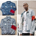 Hot 2016 New red dot clamp four four 424 distressed EXO ripped light blue hole streetwear