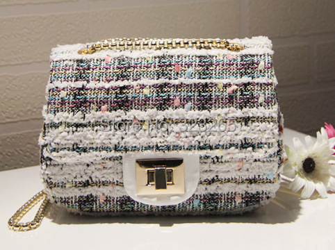 The new luxury coarse tweed chain shoulder bags fashion cute color wool satchel diamond pattern stitching