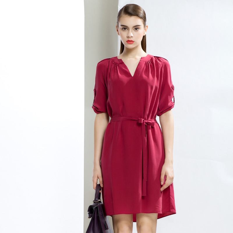 100% Silk Women Red Business Work Office OL Dress Ladies Casual Slim Tunic Half Sleeve Midi Shirt Dress 2015 Spring Summer Style
