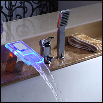 LED Light Glass Waterfall Spout Bathtub Faucet Single Handle Mixer with Hand Spray