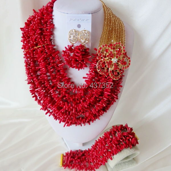 Handmade Nigerian African Wedding Beads Jewelry Set , Champagne Gold Crystal Coral Beads Necklace Bracelet Earrings Set CWS-442