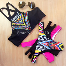 Fashion Sexy bikini! 2016 New Design Push Up Women High Neck Bikini Geometry Bath Suit ,Slim Bottom Tankini Swimwear