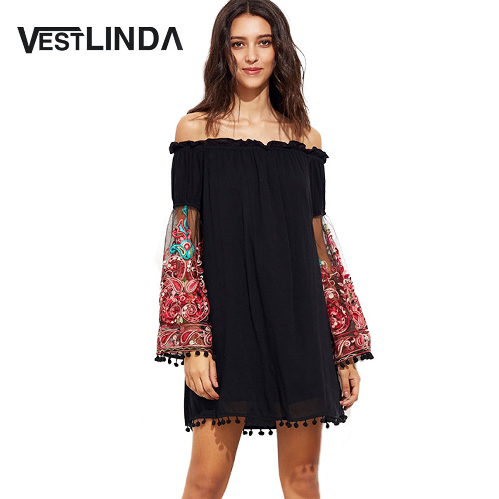 VESTLINDA Summer Dress Women Casual Dress Slash Neck Off Shoulder Embroidery Flare Sleeve Tassel Hem Loose Vestidos Mini Dress 1