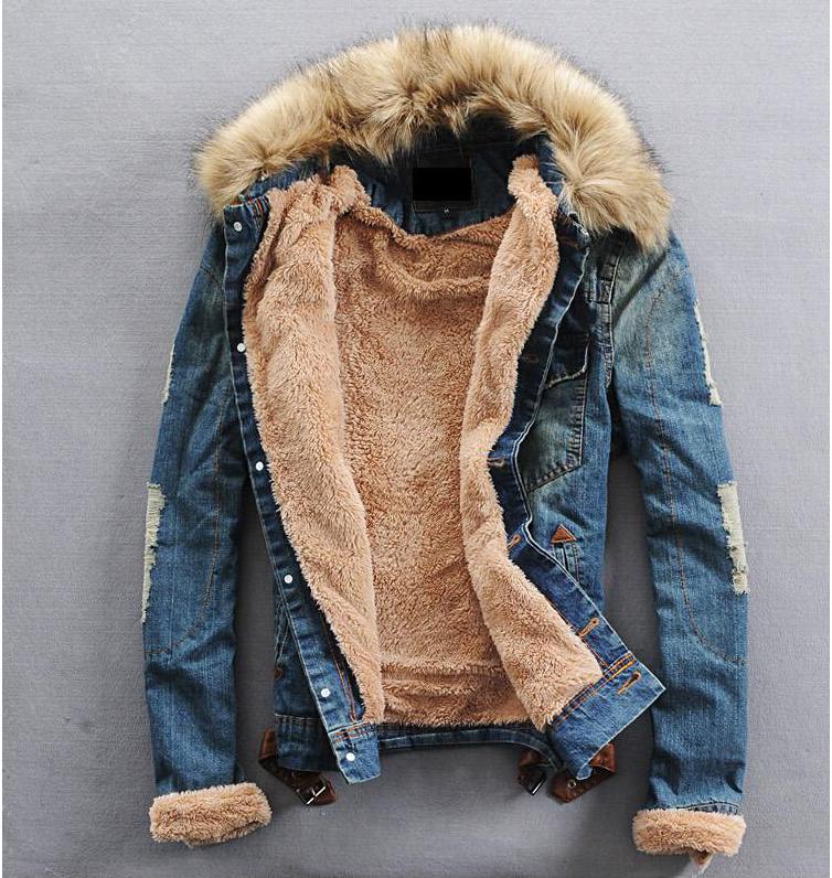 Free Shipping 2015 New Winter Men'S Jeans Jacket High Quality Fur Collar Wool Denim Casual Jacket With Thick Coat Veste Homme