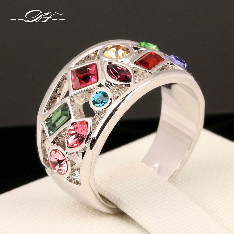 Luxury Multicolor Imitation Gemstone Finger Rings 18K White Gold Plated Fashion Brand Crystal Jewellery Jewelry For