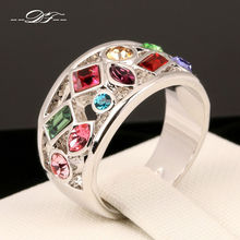 Luxury Multicolor Imitation Gemstone Finger Rings 18K White Gold Plated Fashion Brand Crystal Jewellery/Jewelry For Women DFR075