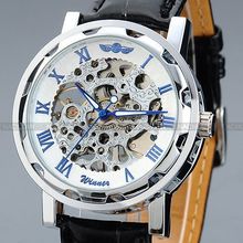2015 Fashion watch for men blue Rome Numerals Skeleton leather band Transparent Steampunk Stainless Steel Mechanical Watch