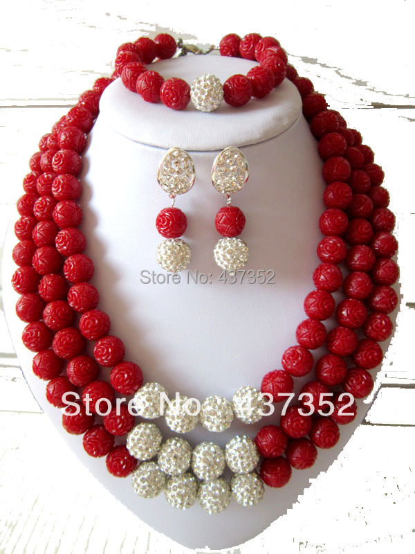African Nigerian Wedding Jewelry Set Artificial Carved Flower Coral Beads Jewelry Set Necklace Bracelet Clip Earrings CWS-084