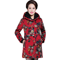 Chinese Women Thicken Puffer Jacket Middle Aged Woman Flower Hooded Quilted Coat Warm Fleece Lined Jackets