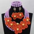 Amazing Nigerian Bead Necklaces Wedding Peach Purple Coral Beads Set African Costume Jewelry Set Orange Flowers