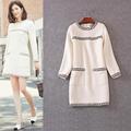Best Grade New Luxury Style 2016 Autumn Winter Dress Women Appliques Embroidery Pocket Patchwork Long Sleeve