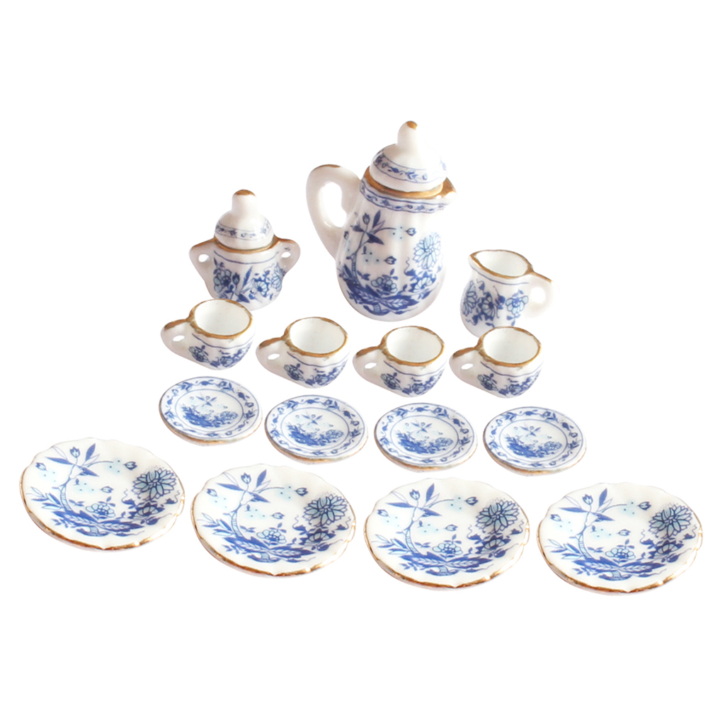 UK 15Pcs Dining Ware Ceramic Blue Flower Set For 1:12 Dollhouse Miniatures