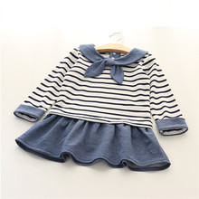 Spring New Children’s Clothing College Girls Stripe Navy Wind Dress Kids Clothing Blue Cotton