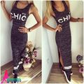 2016 No 9 CHIC Print Summer Dress Sleeveless Side Split Sexy Tank Maxi Dress Bodycon Women