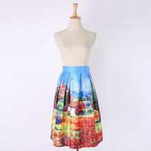 New Spring Summer Style Women Fashion Skirt Retro Scenery Oil Painting Print Skirt High Waist Pleated Skirt