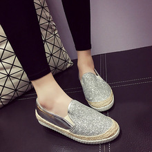 2016 Womens Espadrilles Casual Fisherman Shoe Slip On Snickers Loafers Silver Sequin Flats Straw Rope Braid Shoes Big Size 40