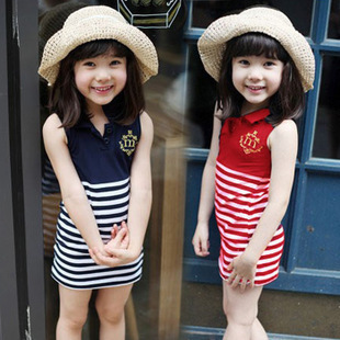 Retail Kids Girls' Sleeveless Dress Summer Cotton Striped Dress for Girls Sundress Dress 2015 Baby Girls Casual Dress Blue Red