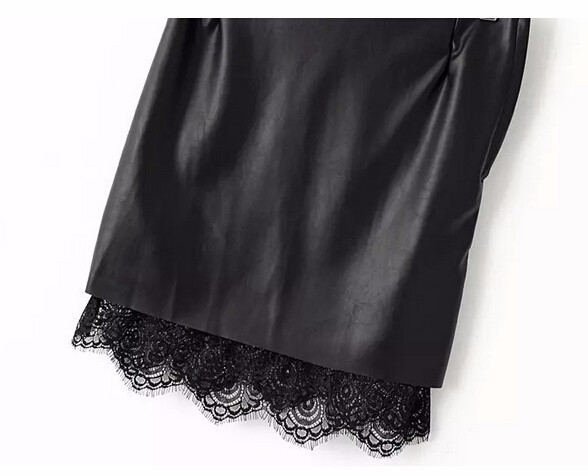 2015 new women\'s autumn winter r stitching lace hem skirt package hip black pu leather skirt branded free shipping (4)