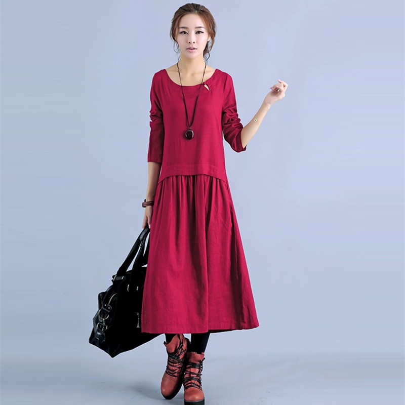 Women spring dresses 2016 long sleeve Vintage casual cotton and linen temperament elegant red dress desigual Vestidos femininos