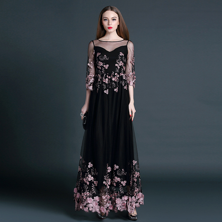 Best Quality New 2016 Luxury Fashion Maxi Dress Women Mesh Embroidery 3/4 Sleeve Floor-Length Long Maxi Dress Elegant Vestido