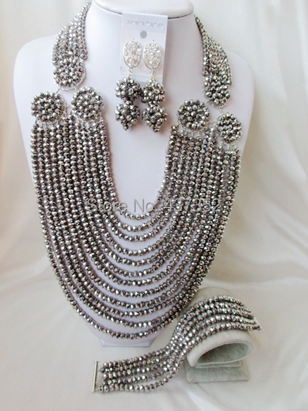 2015 New Fashion! Silver crystal beads necklaces costume nigerian wedding african beads jewelry sets NC2218