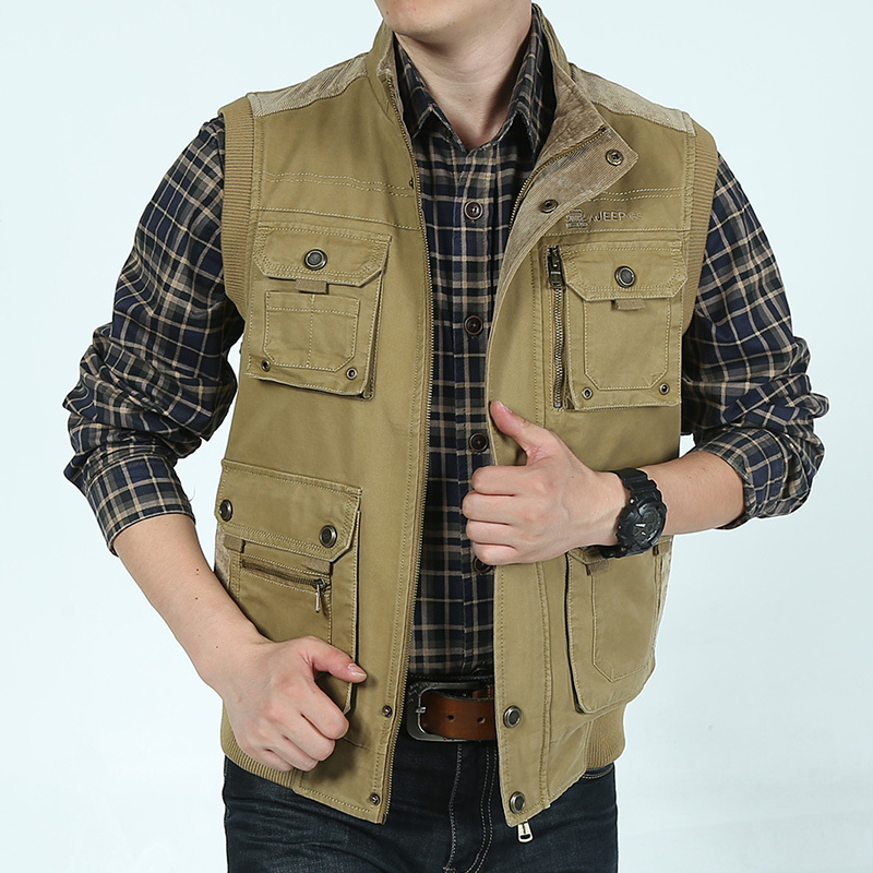 Mens Army Khaki journalist Vest Waistcoat with many multi pockets men