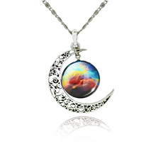 1 Pcs Hollow Moon Glass Galaxy Statement Necklaces Silver Chain Pendants 2016 New Fashion Jewelry Collares