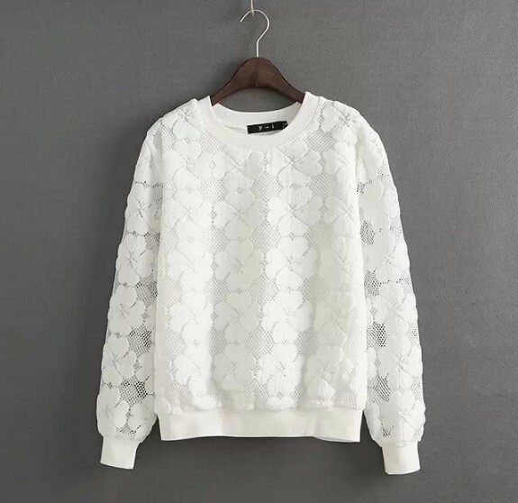 2015 Spring Women New embroidered long-sleeved T-shirt o-neck solid color three-dimensional lace sweater Hoodies Sweatshirts free shipping (1)