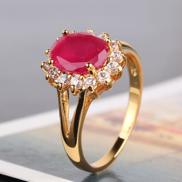 Elegant Designer 24K Gold Plated Rings Girl s Oval Cut Ruby Crystals Ring Engagement Wedding Ring