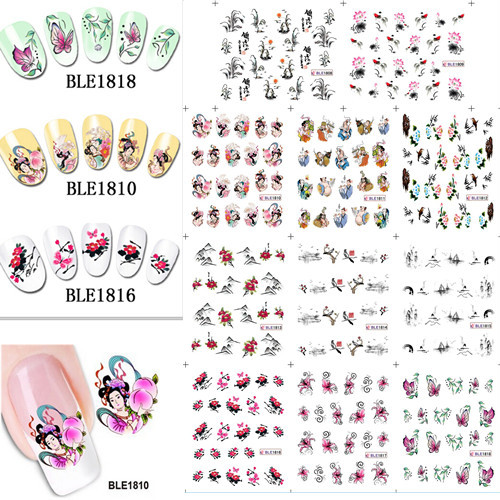 11 Design in 1 Beautiful Nail Art Chinese Ink Paintings Nail Decals Water Transfer Stickers Tips
