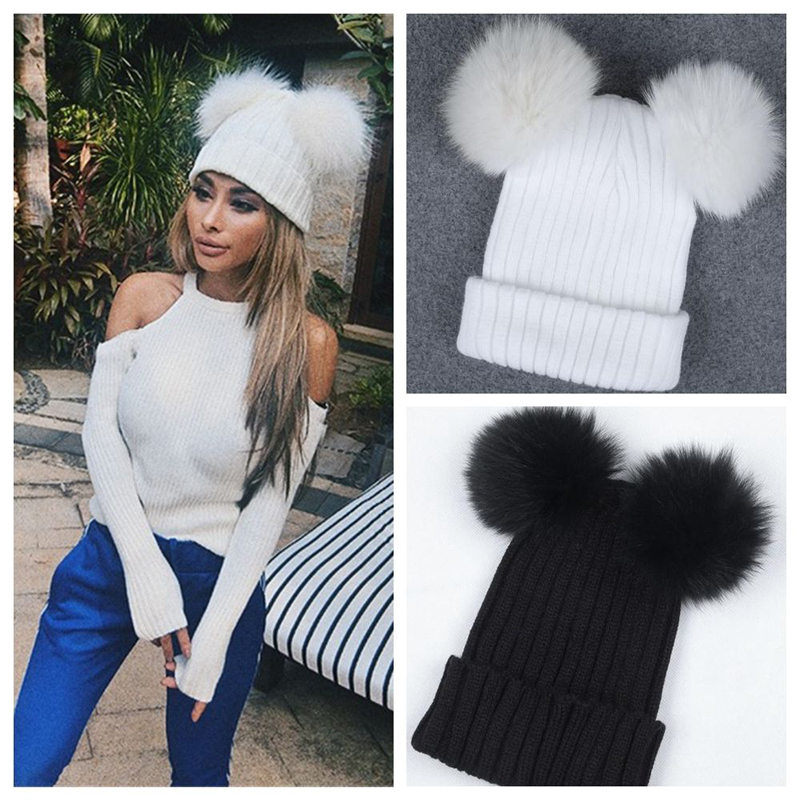 ladies double pom pom hat