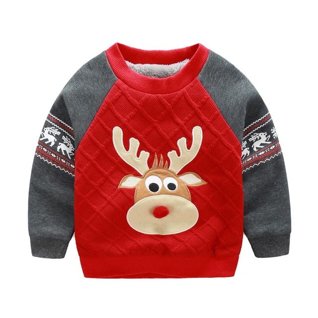 2016 Новый Зимний Мальчиков Пуловер Sweatershirt Мило Мультфильм Рождественский Олень Утолщение Пальто Хлопок Теплый Детская Одежда 3-7 Т