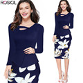 Nice forever 2016 New arrival Print Floral Solid Patchwork Button Casual Work Long sleeve Bodycon spring