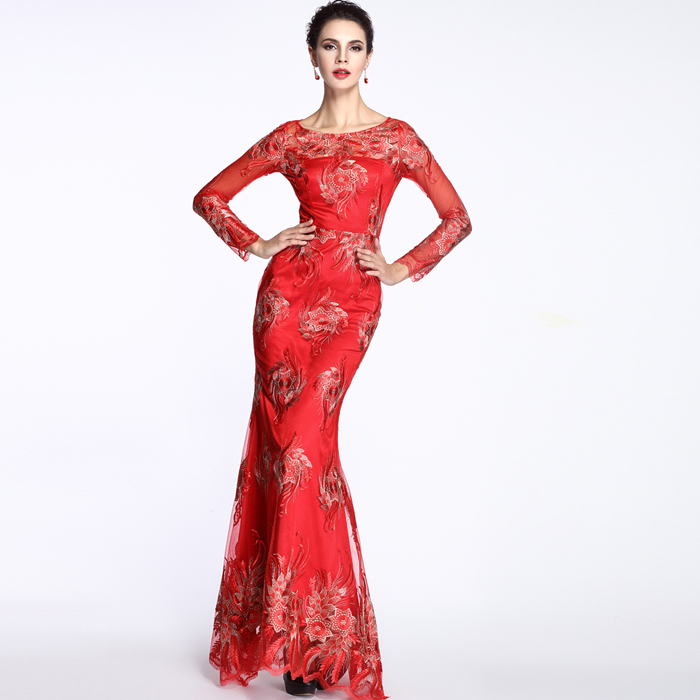 New Year Dress 2016  New Spring - Autumn Women Luxury Brand Full Sleeve Elegant Flower Embroidery Mesh Red Trumpet Maxi Dress
