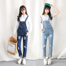 2015 New fashion Women Blue Striped Denim Distresses Front Flap Pocket long Overalls Washed hole Women’s Jeans casual Jumpsuit
