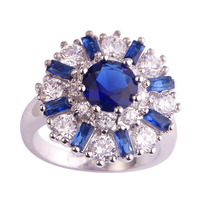 lingmei Wholesale Flower Design Fashion Sapphire Quartz & White Topaz 925 Silver Ring Size 7 8 9 10 11 12 Alluring Women Jewelry