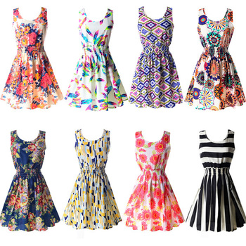 Бесплатная доставка лето сексуальная женщин шифон пляж платье без рукавов сарафан цветочные мини-платья M-XXL 2015 21 цветов